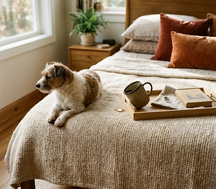 Cobertor de tejido grueso sobre una cama, con una charola de desayuno y una taza de café encima, y un perro pequeño recostado al lado